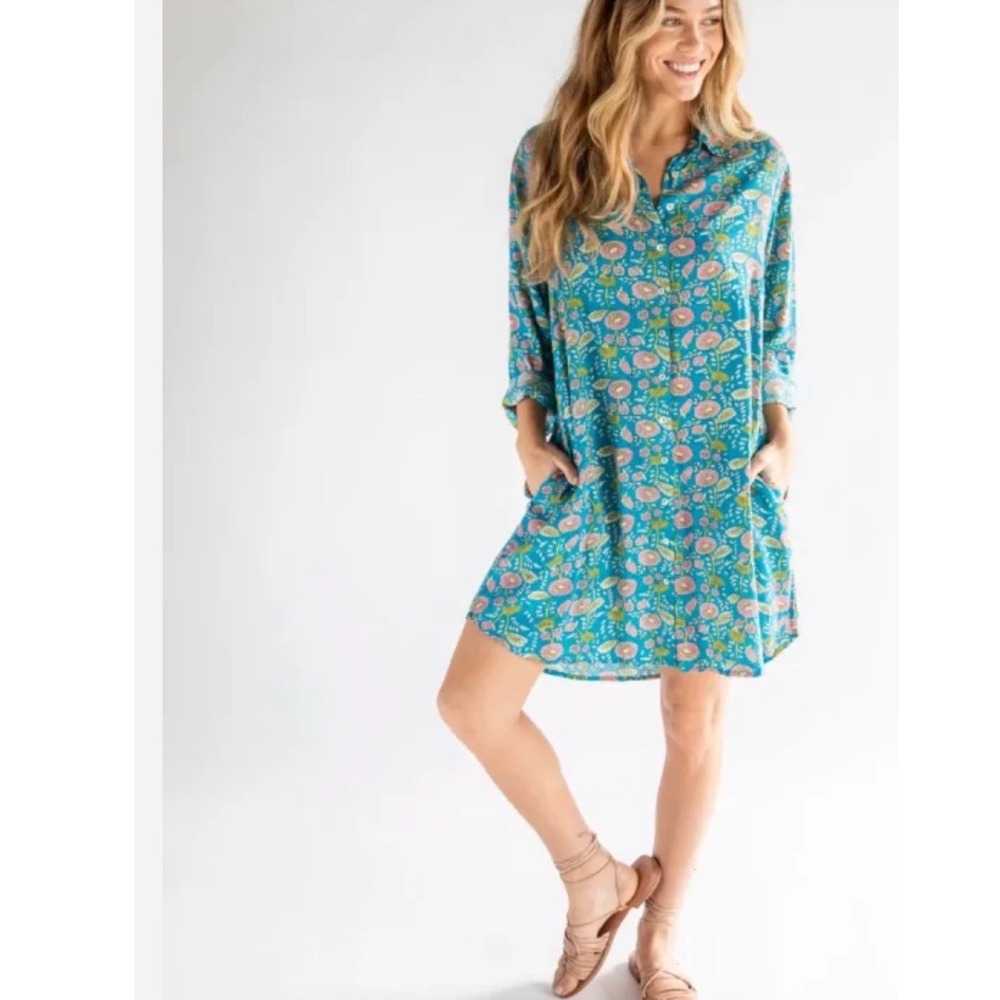 NATURAL LIFE Georgia‎ Shirt Dress - Blue Pink Floral Vines Size Medium